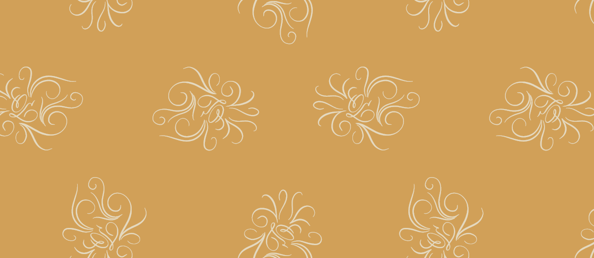Seamless repeating pattern of the same hand-drawn monogram in soft cream on a warm honey-gold ground.